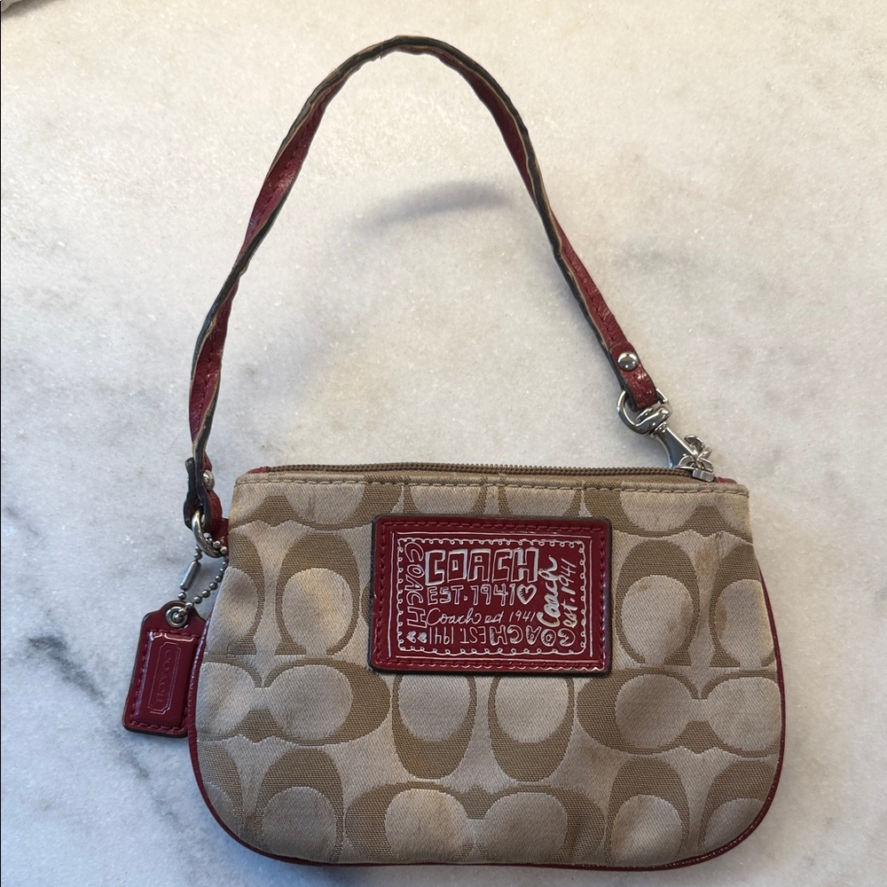 Coach Beige Canvas Wristlet with Red Trim and Patch - Picture 1 of 8